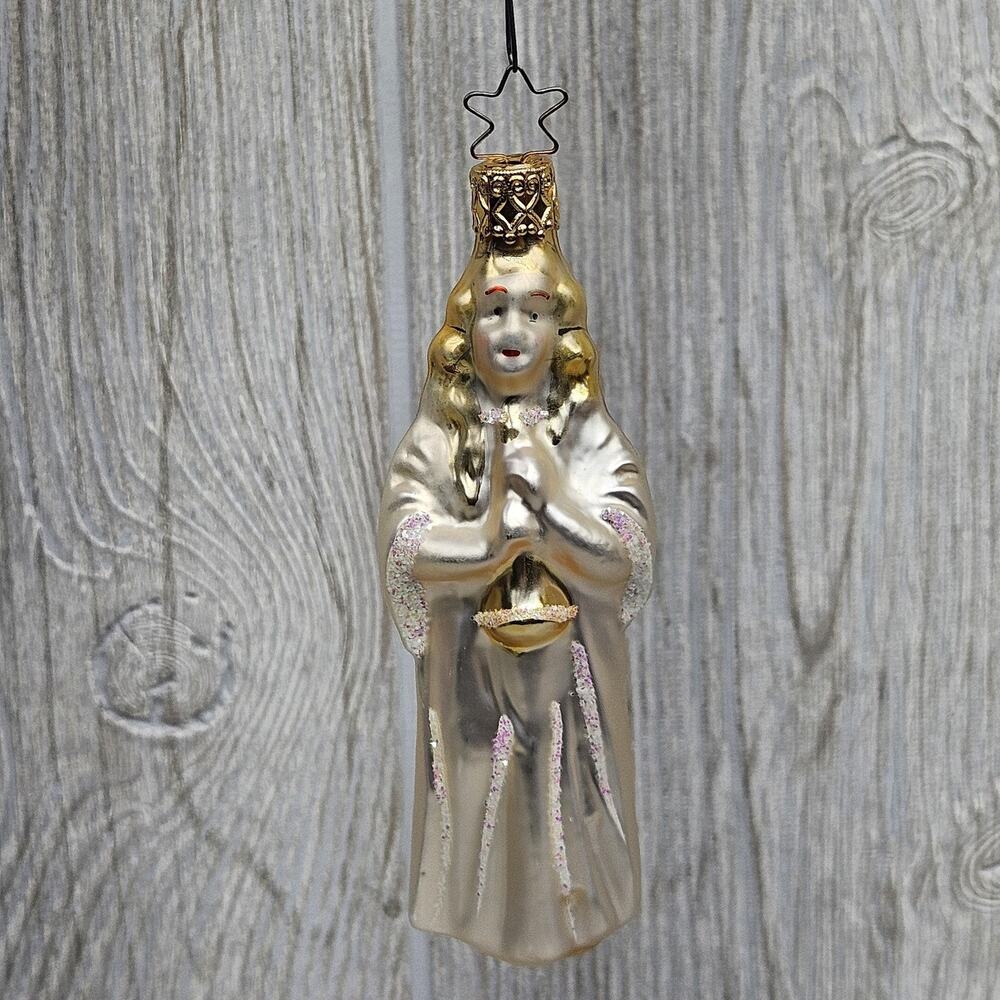 Vintage Inge Glas Glass Angel Ornament Hand Painted Gold Crown Star‎ Hanger